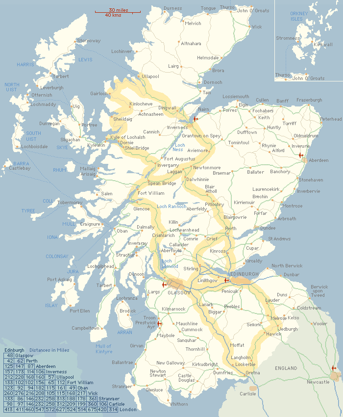 Map of scotland with touring routes.